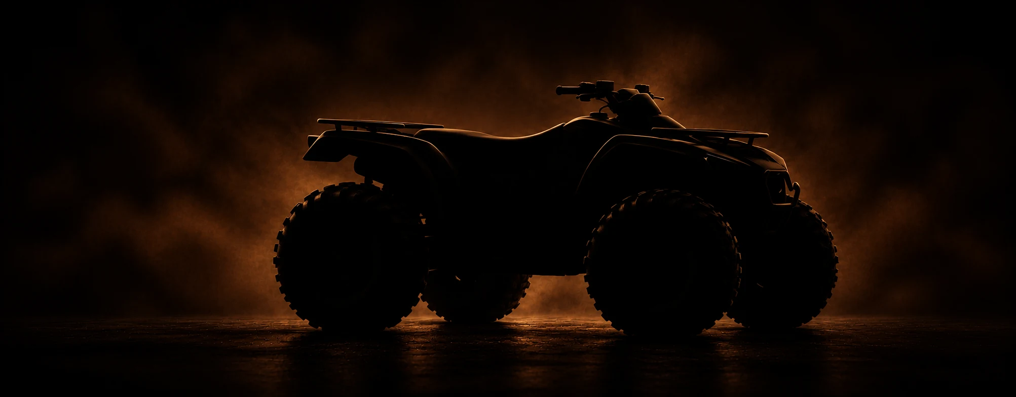 A large ATV hidden in shadow, outlined by warm light
