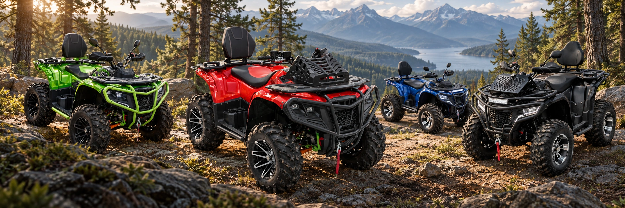 SUMAHAO ATV family: central red S700 with green S400, black S350 and blue SMH110 concept in a cinematic landscape