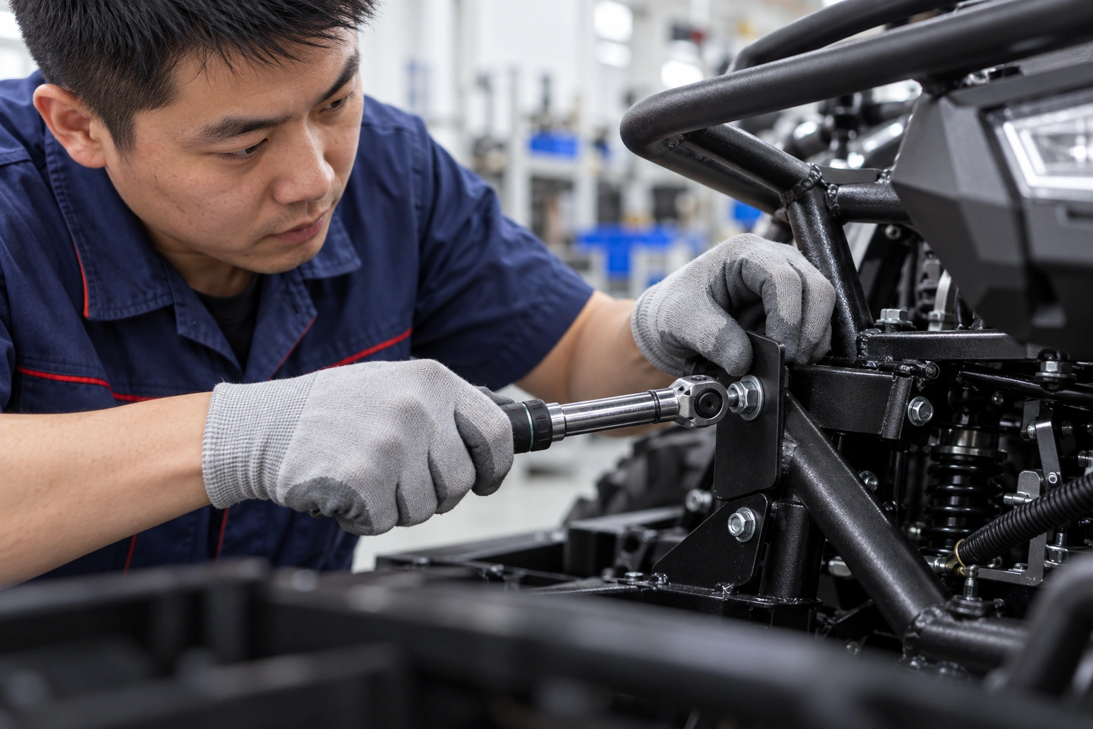 A technician carefully fitting and checking an ATV chassis bracket