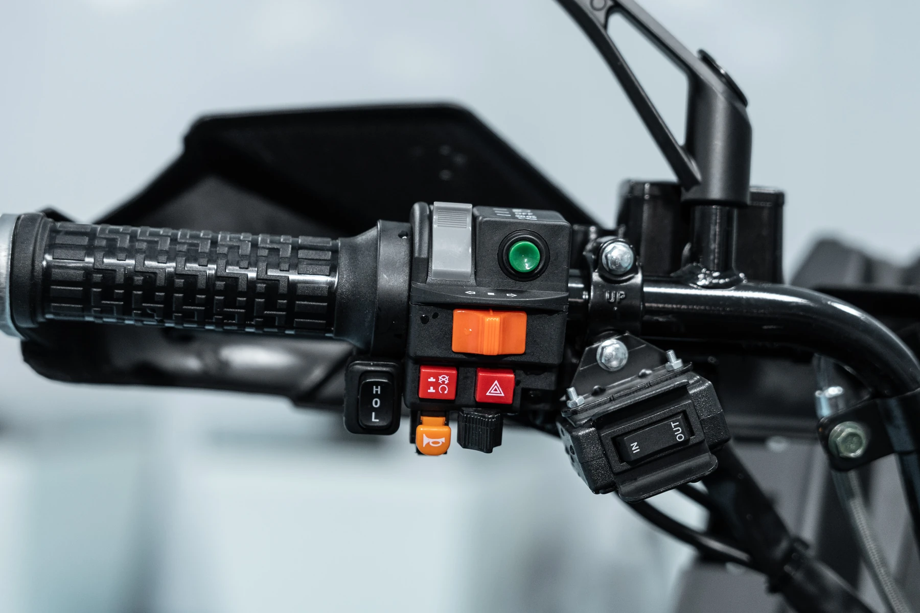 S350 rider view with the handlebar controls and instrument panel
